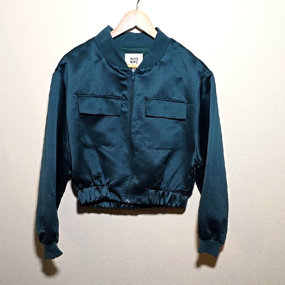 Satin Bomber Jacket in Teal, Madden NYC, Size Med